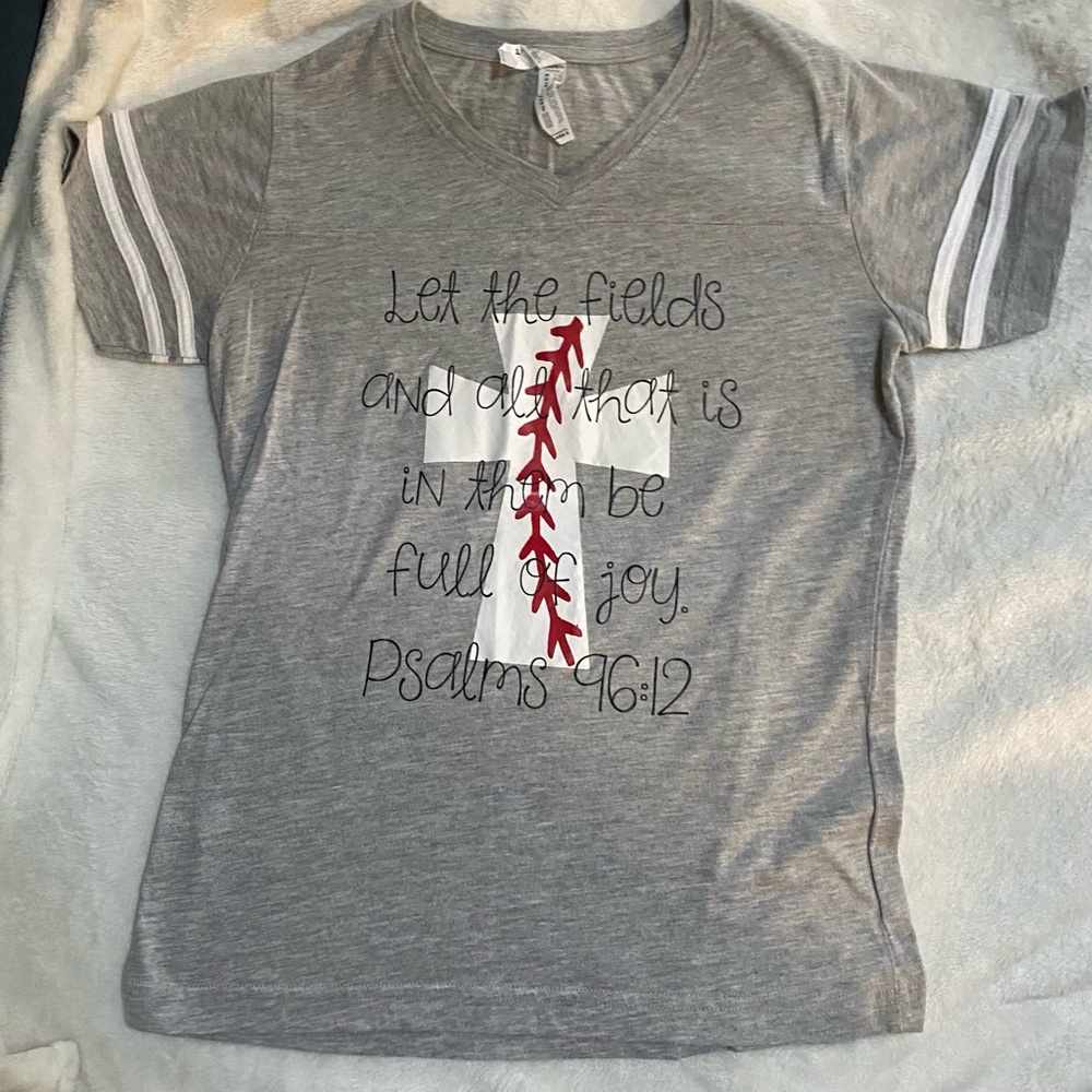 Women’s Christian Baseball Graphic Tee with Red Baseball Cross Detail